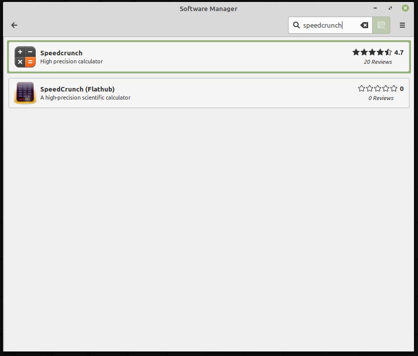 SpeedCrunch na loja de aplicativos do Linux Mint